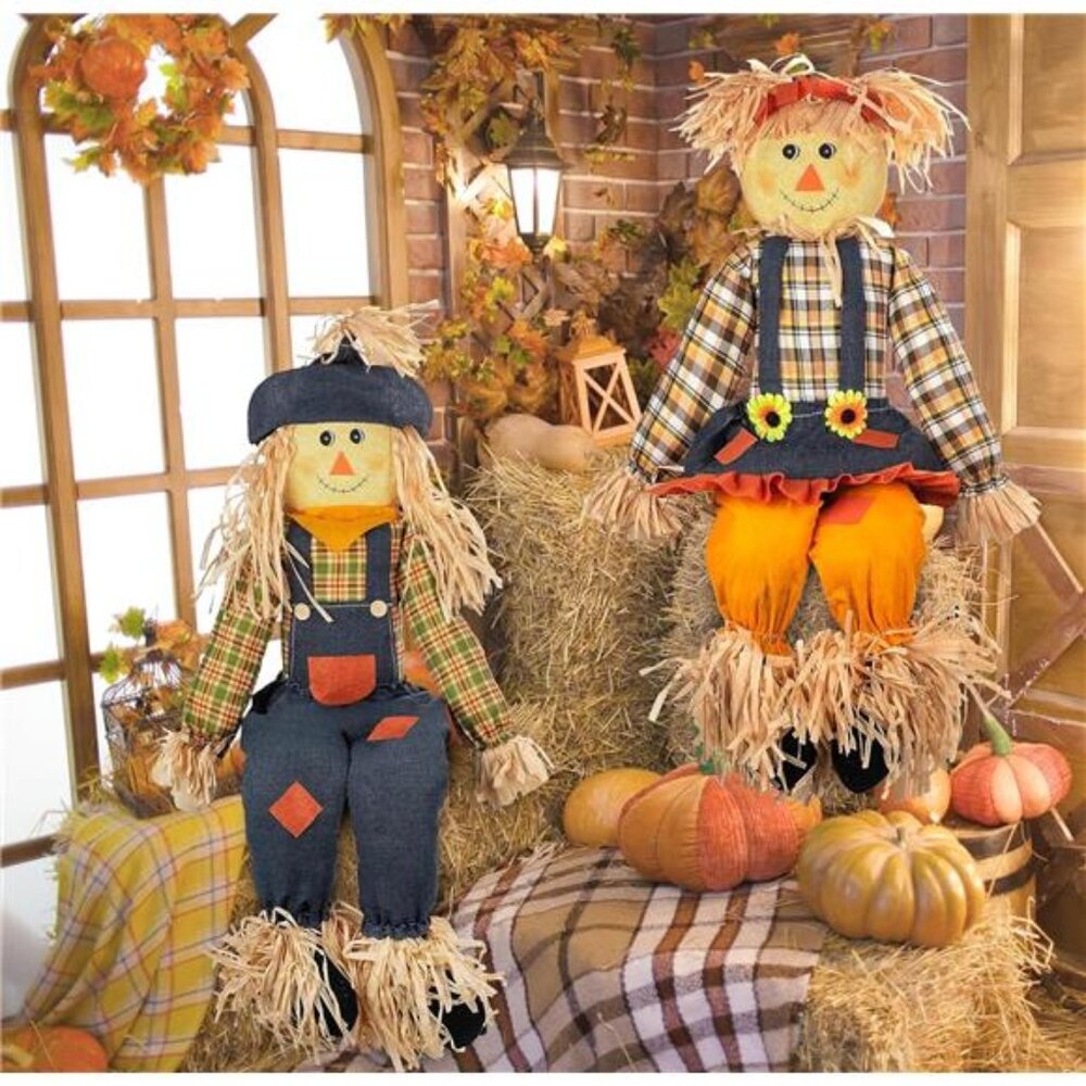 Thanksgiving Sitting Scarecrow Decor Set of 2 Large 50 Inch Boy Girl Couple - Picture 6 of 8